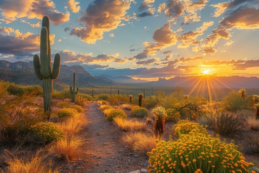 A desert landscape with a cactus and a path. The sun is setting and the sky is cloudy