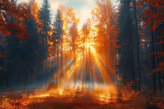 The sun is shining through the trees, casting a warm glow on the forest floor. The leaves are orange and the sky is blue