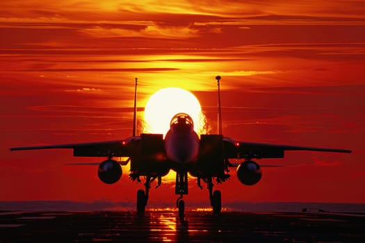 A silhouette of a fighter jet against a vibrant orange sunset, capturing the beauty and power of military aircraft