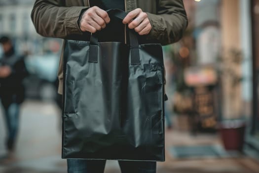 A man is holding black tote bag canvas fabric for mockup blank template, Empty reusable tote bag mockup.