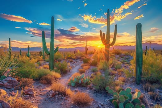 A desert landscape with a sunset in the background. The sun is setting behind a group of cacti