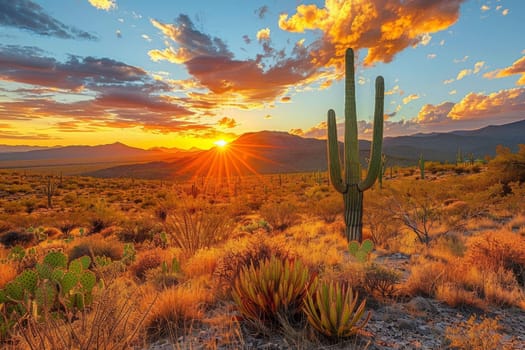 A desert landscape with a cactus in the foreground and a sunset in the background