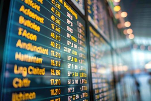 A close-up photo of an airport arrivals board displaying flight information from various destinations around the world