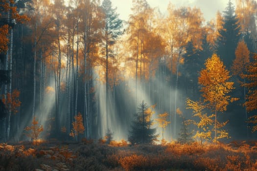 A forest with trees in the foreground and background. The trees are orange and the sun is shining through the trees