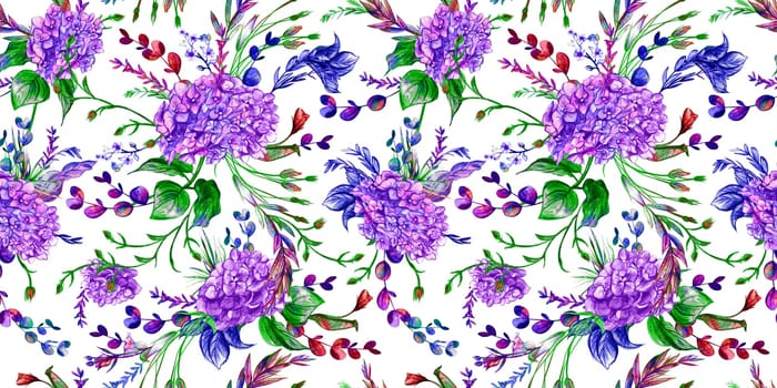 Seamless watercolor pattern drawn in pencil with hydrangeas and summer plants