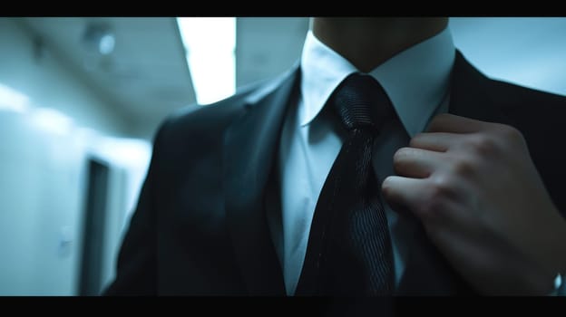 The close up picture of the person is working as businessman and adjusting necktie, the business person require skill like the management, experience, communication, negotiation and marketing. AIG43.
