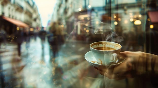 The close up picture of the person is holding the cup of the coffee by their own hand and walking on a street for relaxation also surrounded by building in city with people on blur background. AIG43.