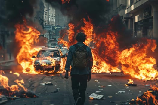 A man walks through a burning city street, with a car in the background. The scene is chaotic and dangerous, with the man carrying a backpack and possibly a handbag. The fire is intense and spreading