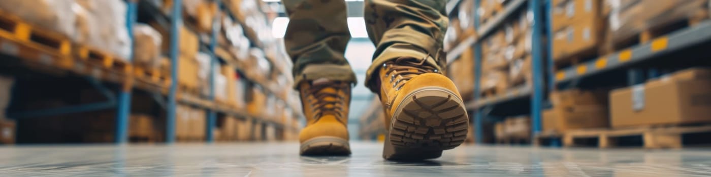 The close up picture of the worker is walking inside the factory warehouse while wearing the safety shoes, the factory worker require skill like technical knowledge, safety awareness, strength. AIG43.