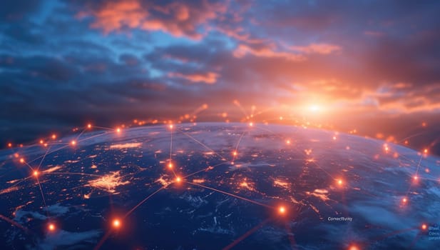 Illuminated global network connections over Earth at sunset
