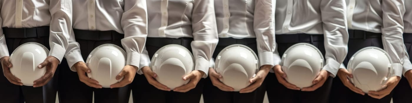 The close up picture of the group of the engineer with hardhat and standing next to the each other, the engineer require skill like technical experience, management and the communication skill. AIG43.