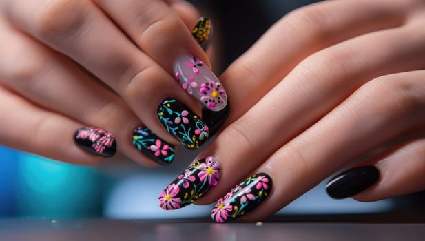 Intricate Floral Nail Art on Female Hands