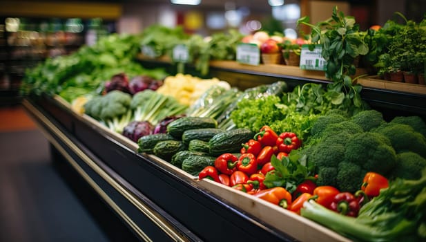 Variety of fresh vegetables on a shelf in a grocery store.