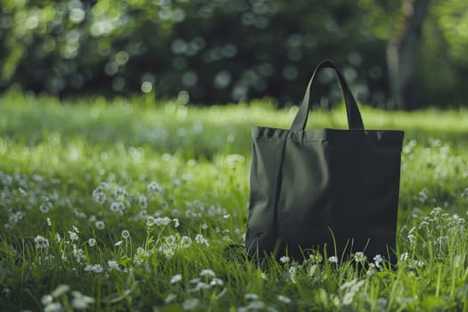 Mockup of a black tote bag laying on grass, Black cotton or mesh eco bag on green grass..