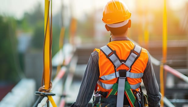 Rear view of a male construction worker wearing safety helmet and safety vest.