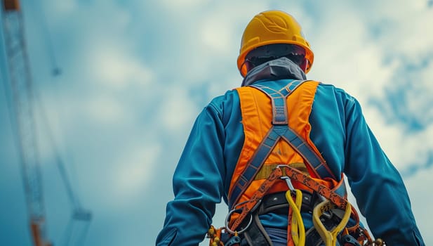 Industrial climber in safety gear at construction site