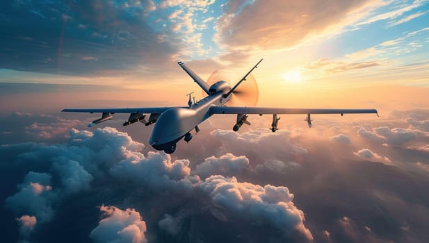 Drone flying above clouds during sunset