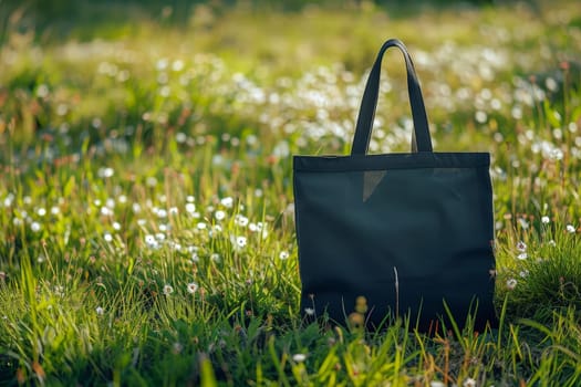 Mockup of a black tote bag laying on grass, Black cotton or mesh eco bag on green grass..