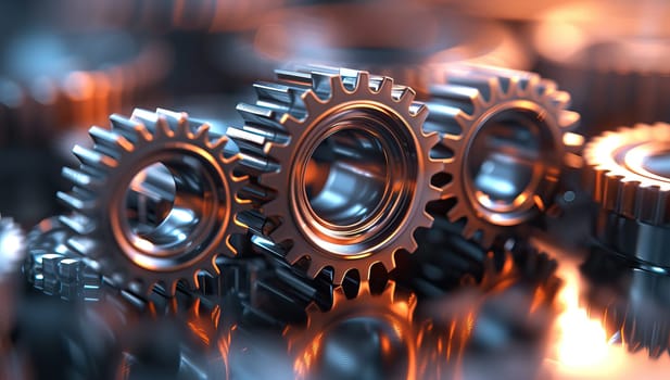 Close up view of shiny metallic gears and cogwheels