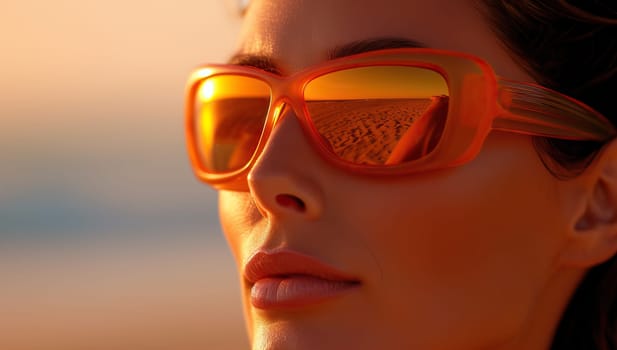 Woman in orange sunglasses at beach during sunset