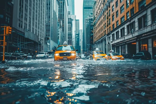A taxi cab is driving through a flooded street in a city. The taxi cab is yellow and is surrounded by other cars. The water is deep and the street is wet