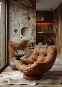 A wooden sculpture chair made of brown leather sits on the hardwood flooring in a living room next to a window, adding a touch of art to the natural material house