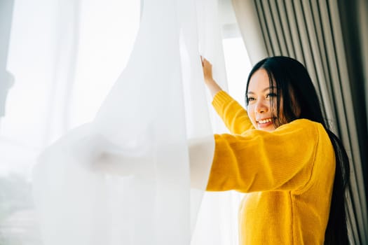 Illustrating morning joy, Woman opens curtains smiles at the refreshing view feeling happiness and relaxation at home. Embracing a cheerful carefree start to the day.