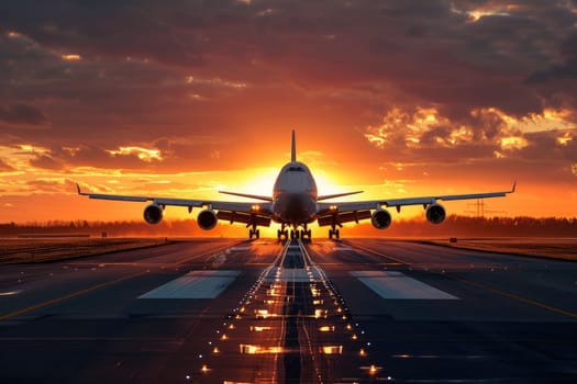 A majestic airplane illuminated by the setting sun as it prepares for takeoff on a runway