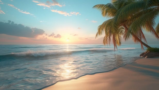 Tropical beach with palm trees during sunset