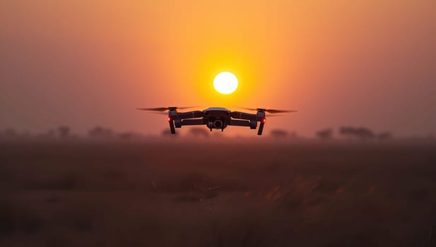 Drone with camera flying over field at sunset