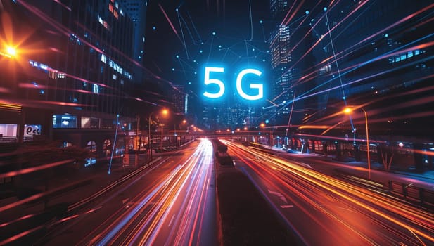 5G technology concept with light trails on the street at night.