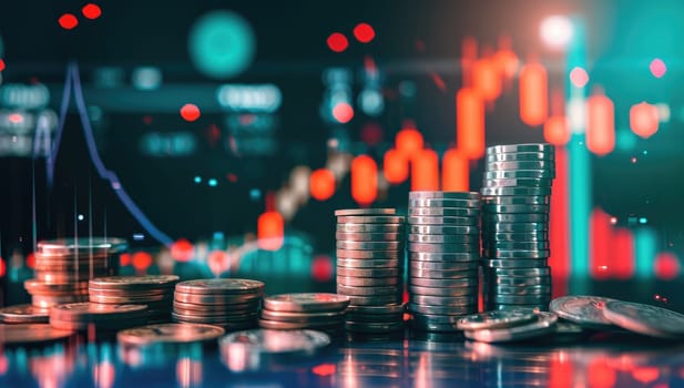 Stacks of coins against a backdrop of financial graphs and data