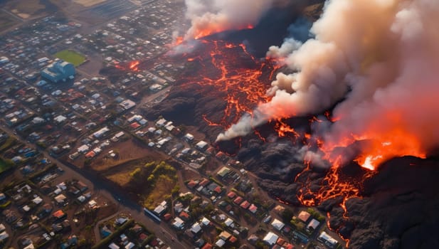 City engulfed in flames and smoke viewed from above