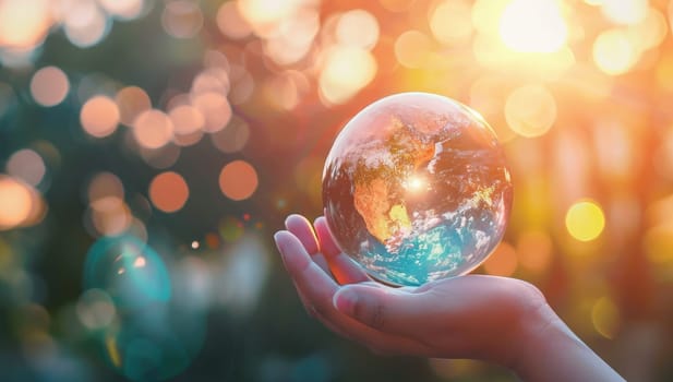 globe in hand with bokeh background. save the earth concept