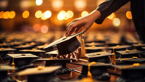 Graduation Ceremony, Education and Knowledge Concept. Close up of Graduation Cap and Tassel on the Table.