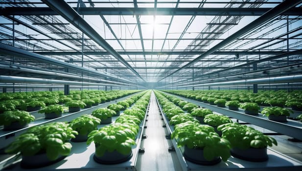 Greenhouse with rows of young seedlings in a greenhouse. The concept of agricultural production.