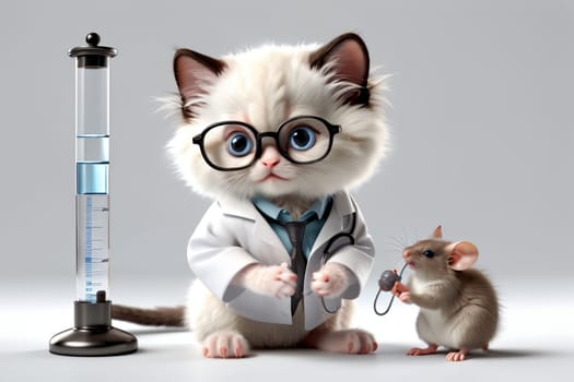 Biochemist cat in uniform with flasks .