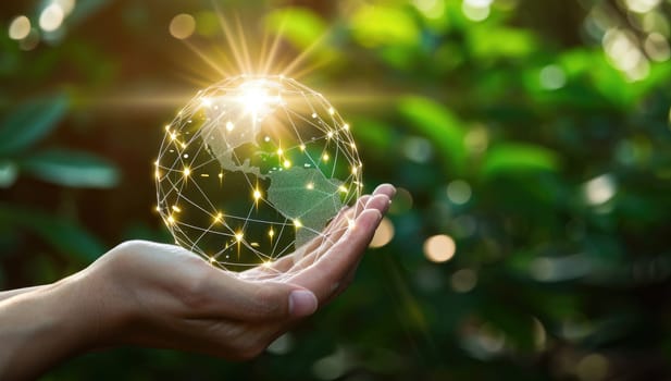 Hand holding Earth globe on blurred nature background. Global business concept.
