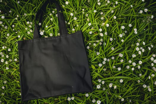 Mockup of a black tote bag laying on grass, Black cotton or mesh eco bag on green grass..