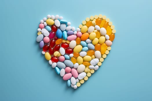 Heart shaped assortment of colorful pills and capsules