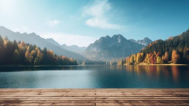 Wooden pier on the background of mountain lake with autumn forest.