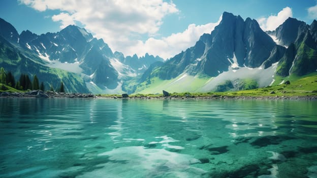Serene lake surrounded by majestic mountains