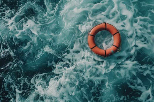 A red life preserver is floating in the ocean. The water is choppy and the waves are crashing