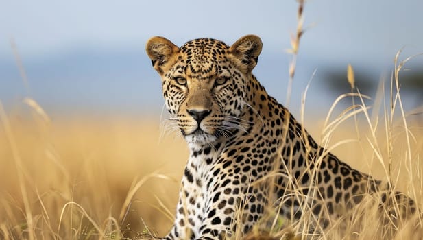 Leopard in golden savanna grass under blue sky