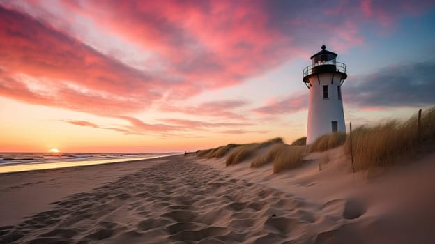 Lighthouse on sandy beach dunes at sunset