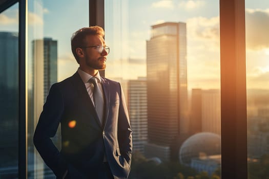 Businessman in suit and glasses at sunset in city office