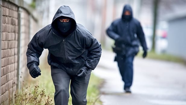 Man in black hooded sweatshirt and mask running on sidewalk