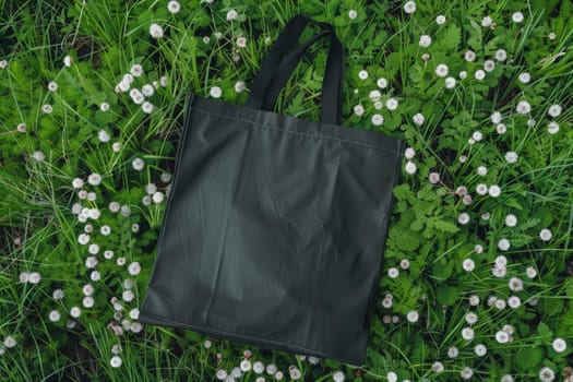 Mockup of a black tote bag laying on grass, Black cotton or mesh eco bag on green grass..