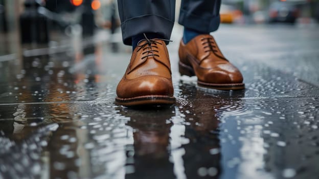 The picture of the person is working as business person and walking to work in street while rain, the businessman require skill like management, negotiation, marketing and the communication. AIG43.