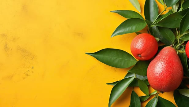 Ripe pears with green leaves on yellow background